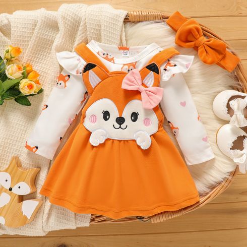 3pcs Baby Girl Allover Fox Print Ruffle Trim Long-sleeve Romper and Overall Dress with Headband Set