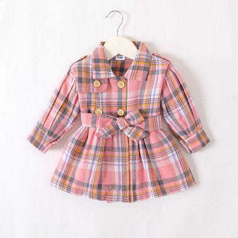 Baby Girl Button Front Plaid Pleated Long-sleeve Belted Coat