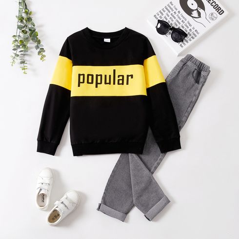 2pcs Kid Boy Letter Print Colorblock Pullover Sweatshirt and Denim Jeans Set