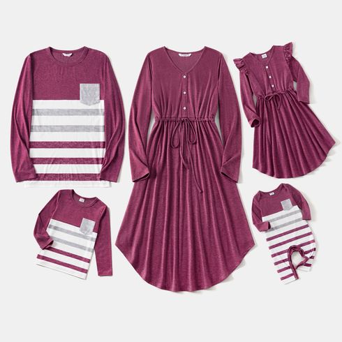 Family Matching Long-sleeve Button Front Solid Drawstring Dresses and Striped T-shirts Sets