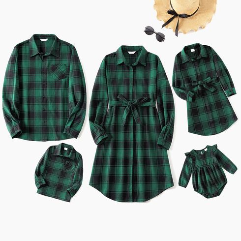 Family Matching Long-sleeve Dark Green Plaid Shirts and Belted Dresses Sets