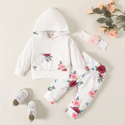 Baby 3pcs Floral Splice Hooded Long-sleeve Hoodie Top and Pants with Headband White Set