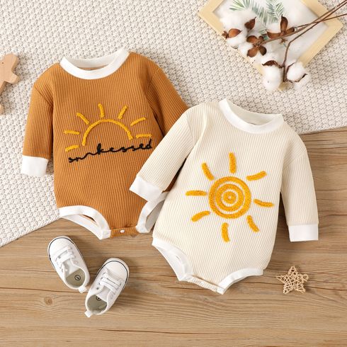 100% Cotton Baby Boy/Girl Sun Embroidered Long-sleeve Waffle Romper