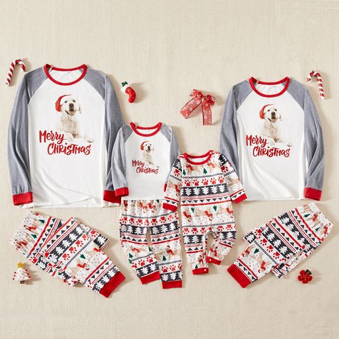Christmas Family Matching Raglan-sleeve Dog & Letter Print Pajamas Sets (Flame Resistant)