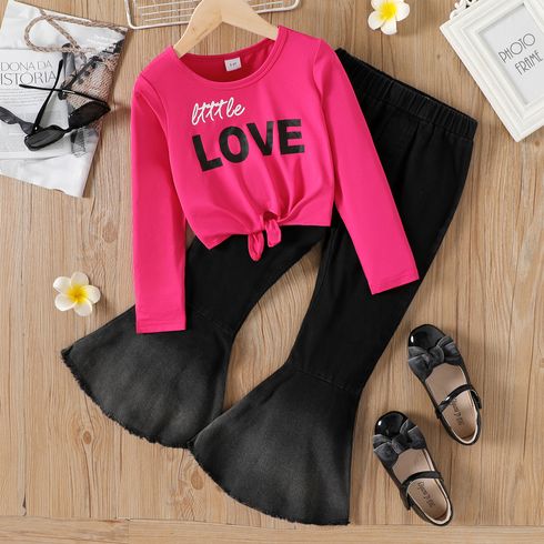 2pcs Kid Girl Letter Print Tie Knot Long-sleeve Tee and Black Flared Denim Jeans Set