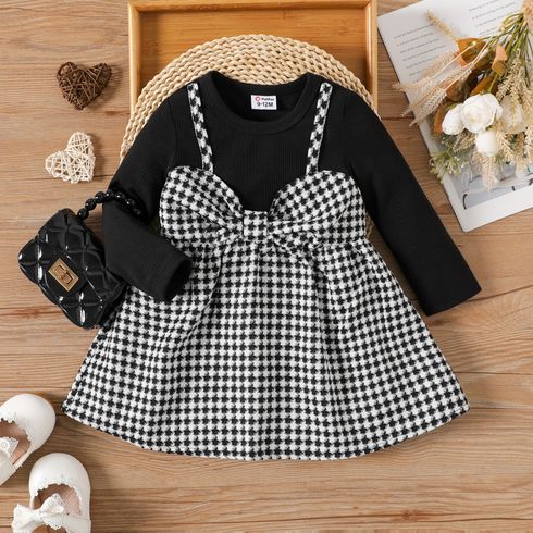 Baby Girl Long-sleeve Rib Knit Spliced Houndstooth Bow Front Dress