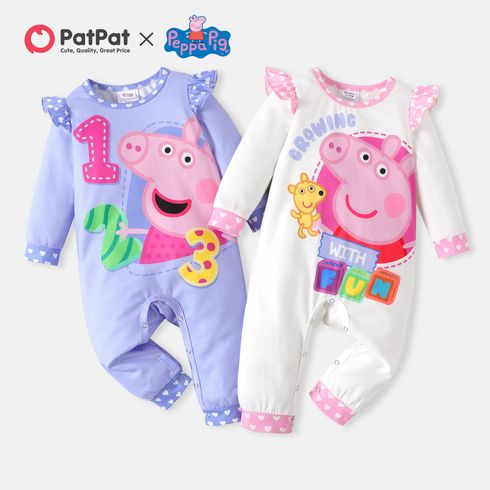 Peppa Pig Baby Girl Heart Print Ruffle Trim Spliced Long-sleeve Graphic Jumpsuit