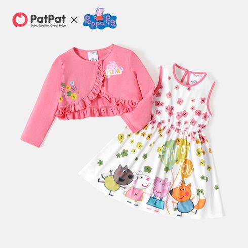 Peppa Pig 2pcs Toddler Girl Floral Print Sleeveless Dress and Ruffled Cotton Cardigan Set