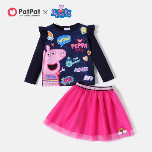 Peppa Pig 2pcs Toddler Girl Letter Print Ruffled Long-sleeve Tee and Mesh Skirt Set