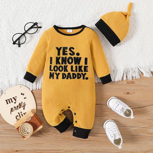 Baby Boy/Girl Letter Design Short-sleeve Romper or Long-sleeve Jumpsuit with Hat Set Yellow big image 1