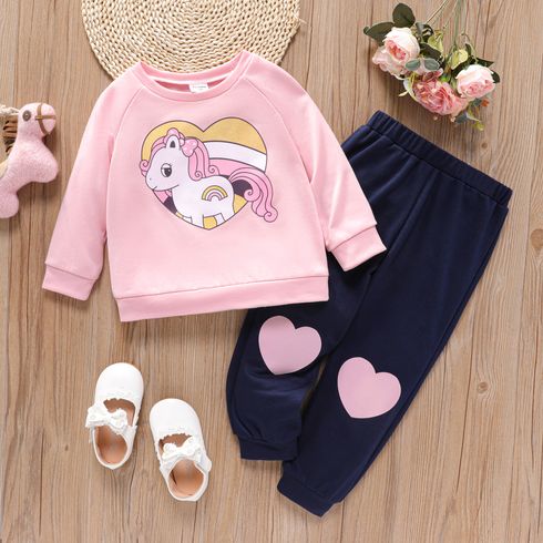 2pcs Toddler Girl Unicorn Print Raglan Sleeve Pullover Sweatshirt and Heart Print Pants Set