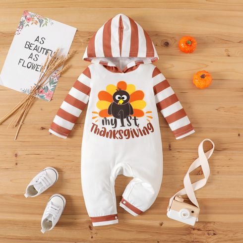 Thanksgiving Day Baby Boy Turkey & Letter Print Spliced Striped Hooded Long-sleeve Jumpsuit