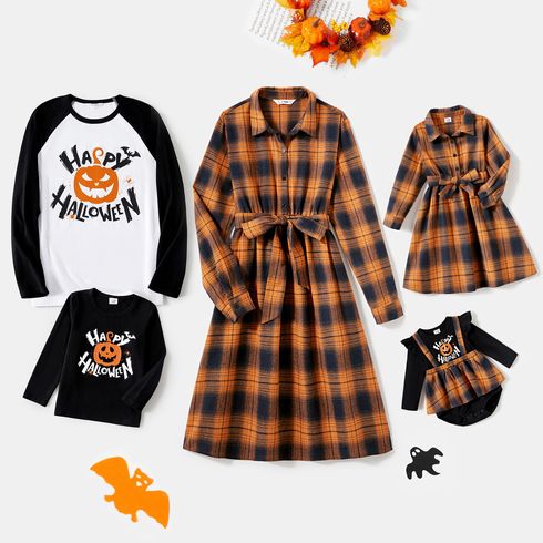 Halloween Family Matching 95% Cotton Long-sleeve Button Front Plaid Shirt Dresses and Graphic T-shirts Sets