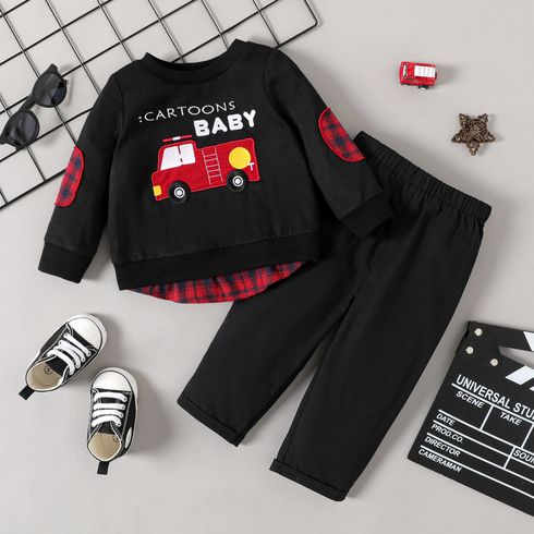 2pcs Baby Boy 100% Cotton Sweatpants and Vehicle & Letter Embroidered Red Plaid Faux-two Long-sleeve Sweatshirt Set