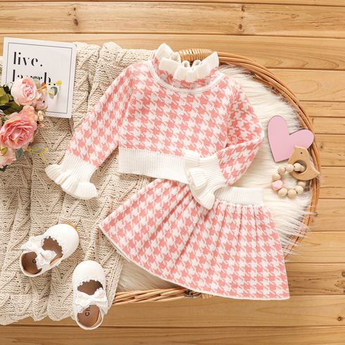 2pcs Baby Girl Pink Houndstooth Frill Mock Neck Long-sleeve Knitted Top and Skirt Set