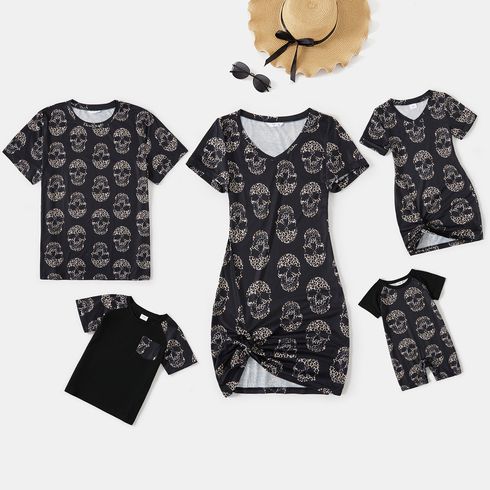 Halloween Family Matching Short-sleeve Allover Skull Print Black V Neck Twist Knot Bodycon Dress and T-shirts Sets
