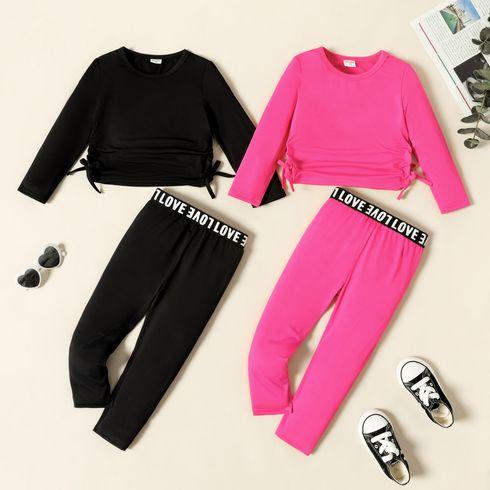 2pcs Toddler Girl Bowknot Design Solid Color Long-sleeve Tee and Letter Print Leggings Set