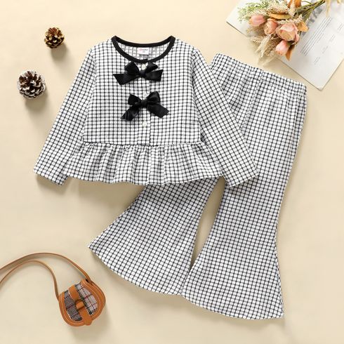 2-piece Toddler Girl Plaid Bow Decor Long-sleeve Blouse and Bellbottom Pants Set