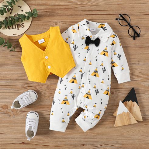 2pcs Baby Boy 95% Cotton Waistcoat and Allover Cactus Print Long-sleeve Jumpsuit Set Party Outfits