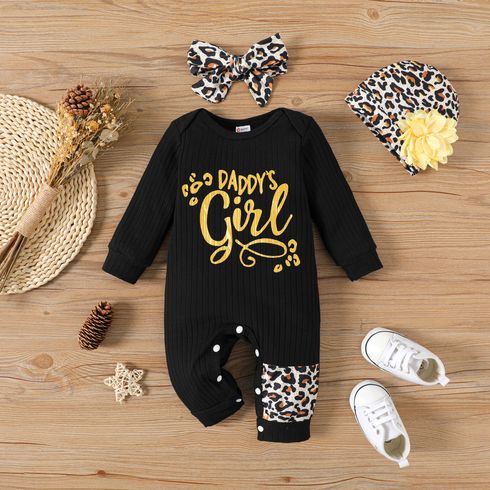3pcs Baby Girl Letter Print Black Long-sleeve Jumpsuit and Leopard Print Hat with Headband Set
