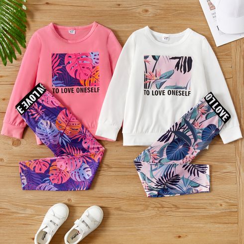 2pcs Kid Girl Letter Floral Print Long-sleeve Tee and Elasticized Leggings Set