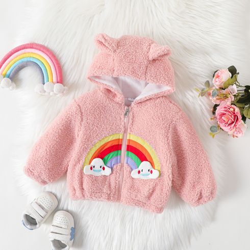 Baby Girl Rainbow Embroidered Pink Hooded Long-sleeve Zipper Thermal Fleece Jacket