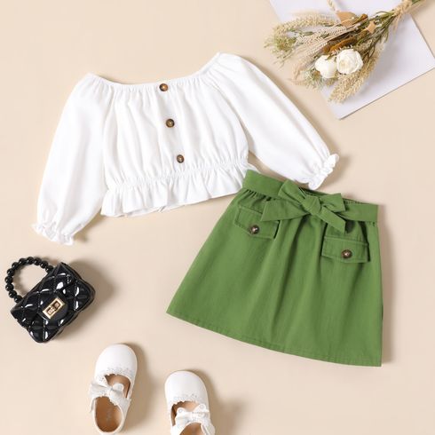 2pcs Toddler Girl Off Shoulder Button Long-sleeve Peplum Blouse and Belted Green Skirt Set