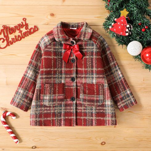 Toddler Girl Christmas Plaid Bowknot Design Lapel Collar Coat