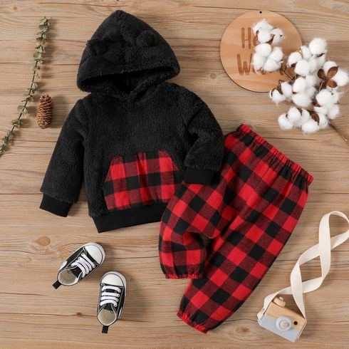 2pcs Baby Boy Long-sleeve Thermal Fuzzy Hoodie and Red Plaid Pants Set