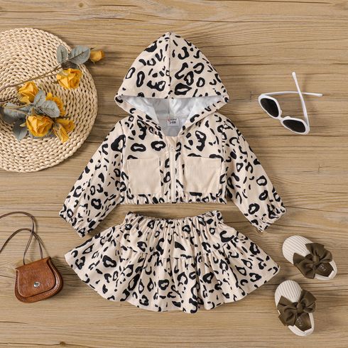 2pcs Baby Girl Long-sleeve Leopard Print Corduroy Zip Up Crop Hoodie and Skirt Set