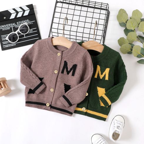 Baby Boy Letter Pattern Button Front Long-sleeve Knitted Cardigan