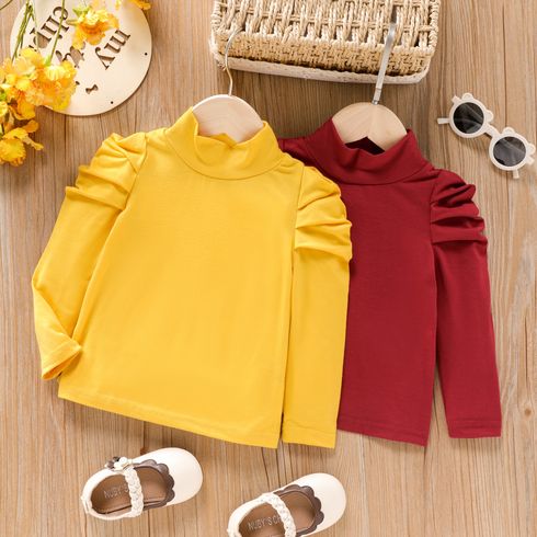 Toddler Girl Solid Color Mock Neck Long Puff-sleeve Tee