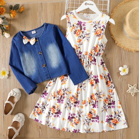 2pcs Kid Girl Floral Print Sleeveless Dress and Bowknot Design Denim Jacket Set