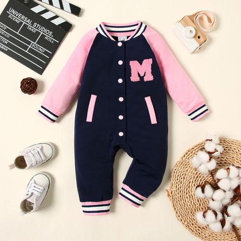 Baby Boy/Girl Letter Embroidered Colorblock Raglan-sleeve Button Front Jumpsuit