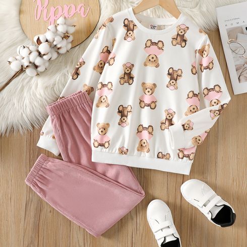 2pcs Kid Girl Bear Print Long-sleeve Tee and Pink Pants Set