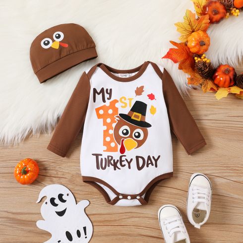 Thanksgiving Day 2pcs Baby Boy 95% Cotton Long-sleeve Turkey & Letter Print Romper with Hat Set