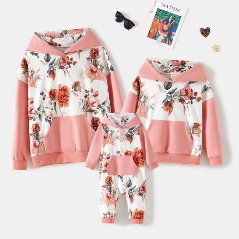 Mommy and Me Pink Spliced Floral Print Long-sleeve Hoodies