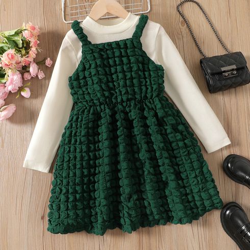 2pcs Kid Girl Long-sleeve Tee and Textured Green Cami Dress Set