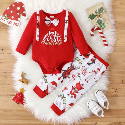 Christmas 2pcs Baby Boy Long-sleeve Letter Graphic Gentleman Romper and Allover Print Pants Set