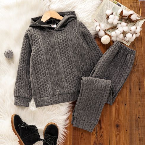 2pcs Kid Boy Solid Color Cable Knit Textured Hoodie Sweatshirt and Pants Set