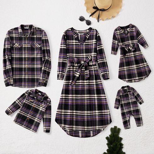 Family Matching Long-sleeve Plaid Belted Dresses and Button Up Shirts Sets