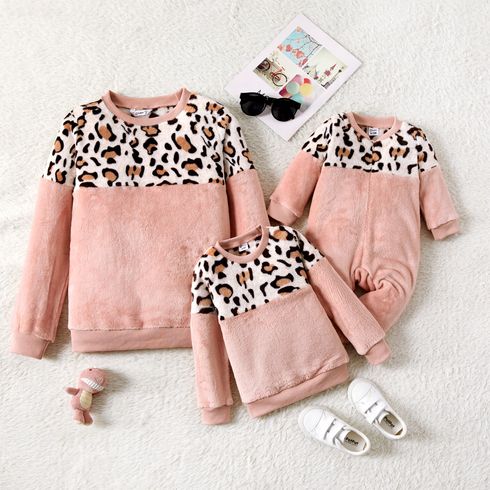Leopard Spliced Pink Long-sleeve Fuzzy Pullover for Mom and Me