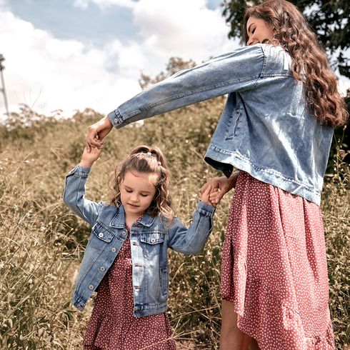 Light Blue Letter Design Long-sleeve Distressed Denim Jacket for Mom and Me Light Blue big image 9