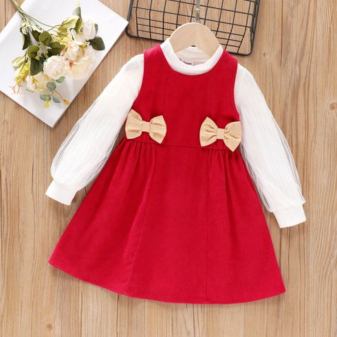 2pcs Toddler Girl Christmas Mock Neck Mesh Long-sleeve Tee and Bowknot Design Sleeveless Dress Set