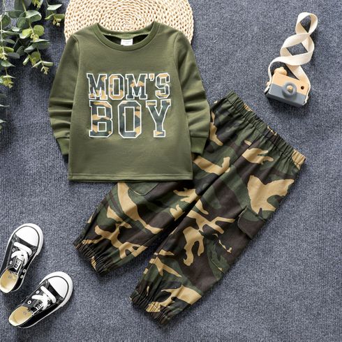 2pcs Toddler Boy Letter Print Pullover Sweatshirt and Camouflage Print Pants Set