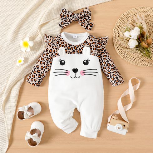2pcs Baby Girl Leopard Print Spliced Fleece Cat Embroidered Long-sleeve Jumpsuit with Headband Set