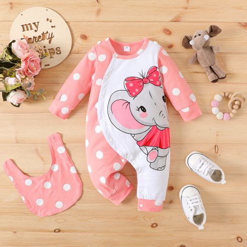 2pcs Baby Girl 95% Cotton Long-sleeve Polka Dot & Elephant Print Spliced Jumpsuit with Bib Set