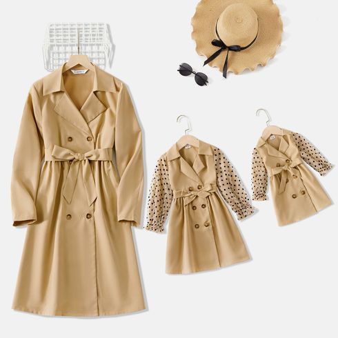 Khaki Lapel Neck Double Breasted Belted Long-sleeve Trench Coat Dress for Mom and Me