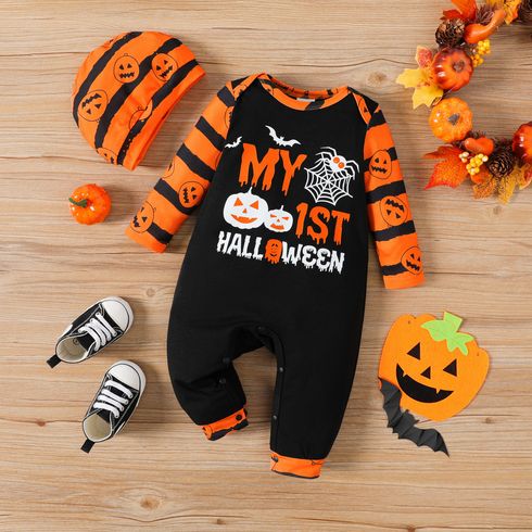 Halloween 2pcs Baby Boy Pumpkin & Letter Print Spliced Striped Long-sleeve Jumpsuit with Hat Set