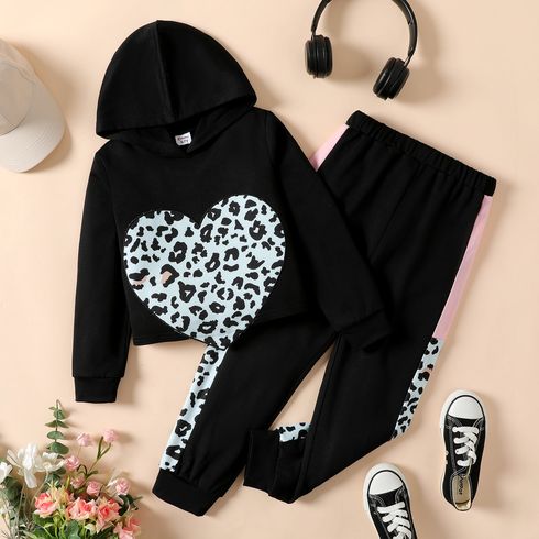 2pcs Kid Girl Leopard Heart Embroidered Black Hoodie Sweatshirt and Colorblock Pants Set